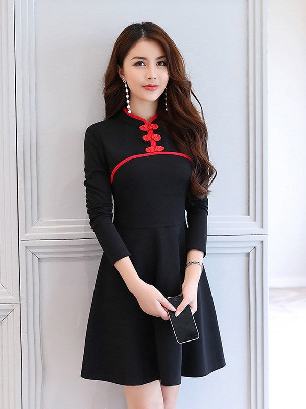 High Neck Frog Button Long Sleeve Dress High Neck Frog Button Long Sleeve Dress