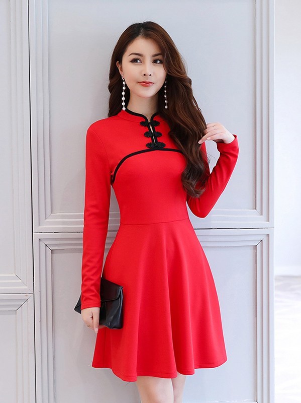 long frog dress Lady Long Lace Cheongsam Dress Frog Button Faux Fur Trim Elegant Vintage Ethnic